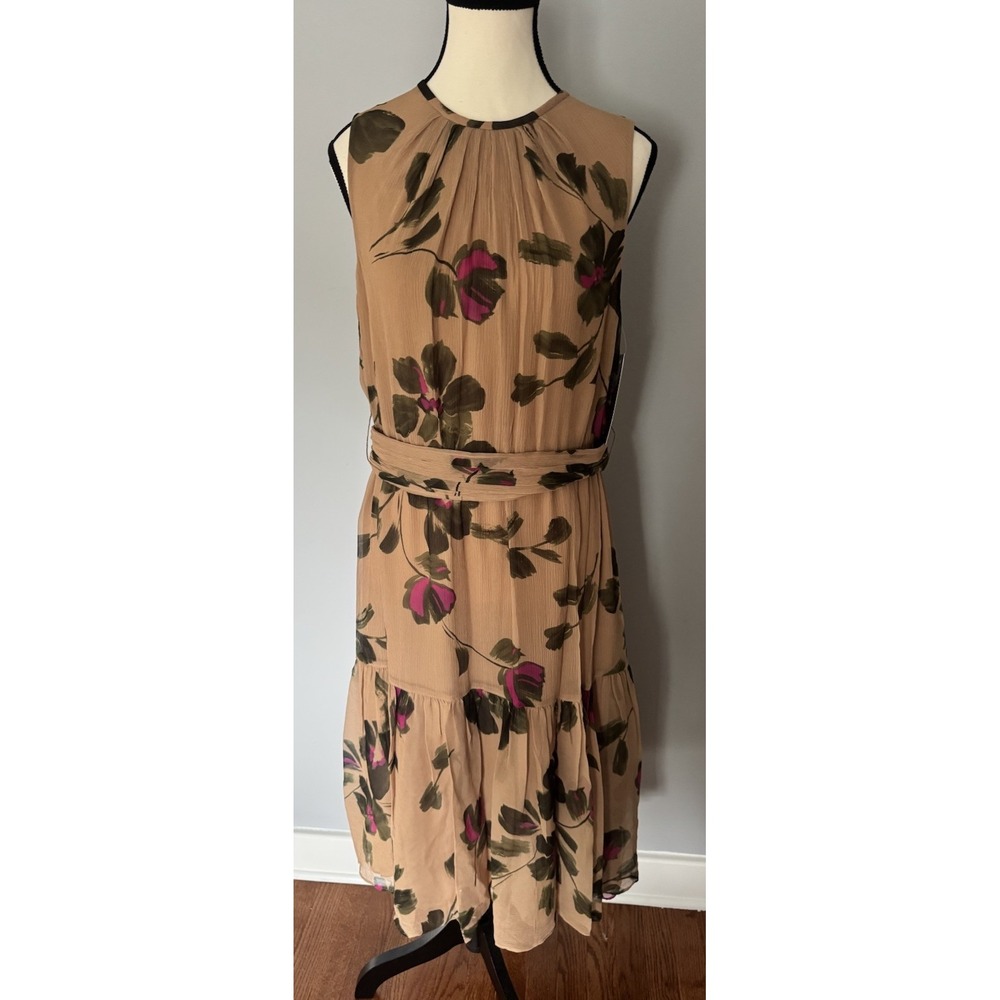 Teri Jon Rickie Freeman 100% Silk Floral Midi Dress Size 12 Camel NWT Belted